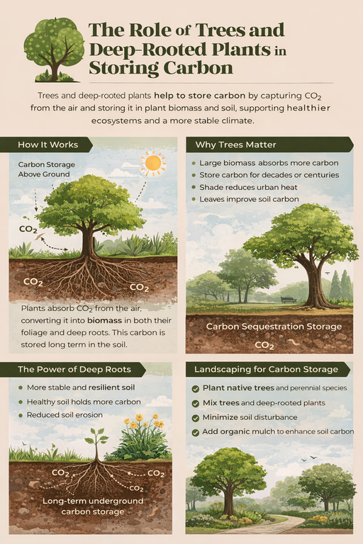 infographic of the role of trees and deep-rooted plants in storing carbon